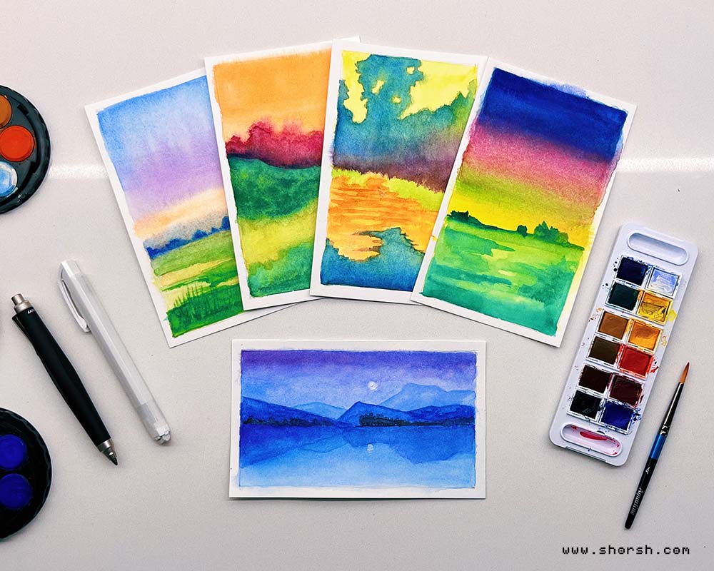 Vibrant and colorful sketchbook page paintings by Shorsh