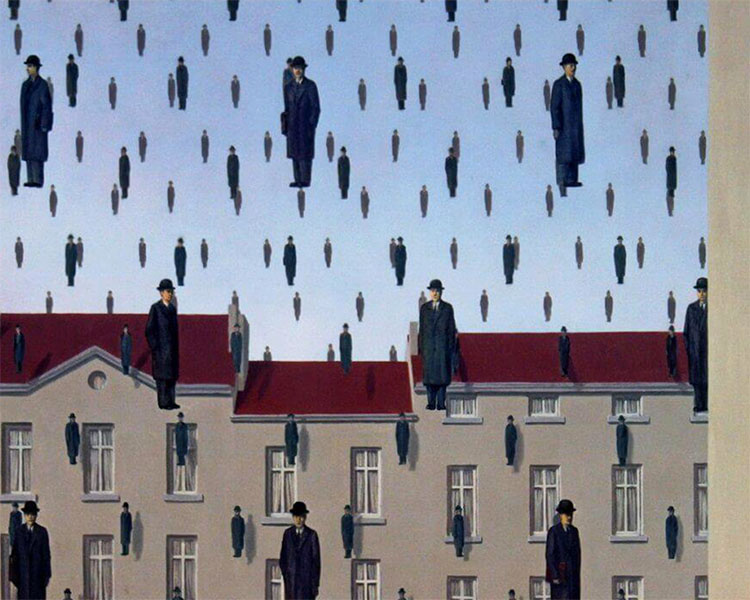 The surreal vision of René Magritte. Image: Golconda, by René Magritte (1953)
